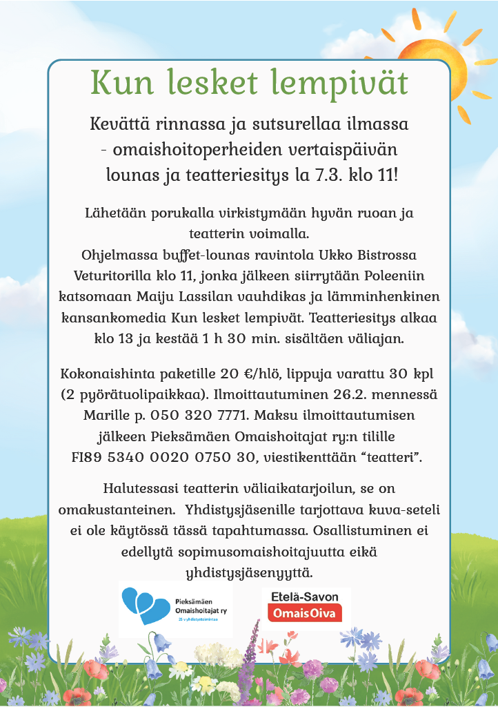 Pieksämäen omaishoitajat ry:n järjestämä tapahtuma. Kuvan tiedot toistuvat tekstimuodossa kuvan yhteydessä.